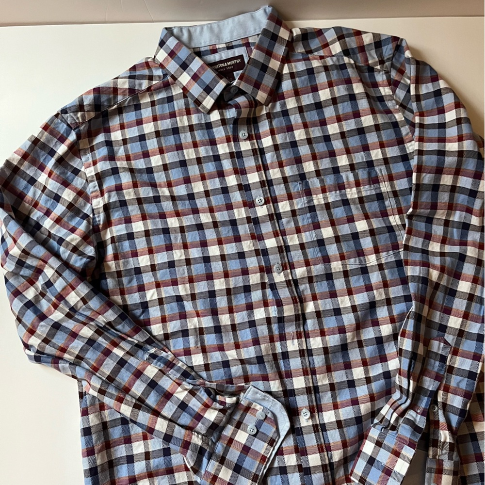 Johnston & Murphy men's navy/burgundy plaid dress shirt size Large